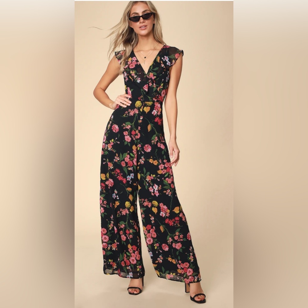 NWT Lulus Blooming Love Black Floral Print Ruffled Jumpsuit